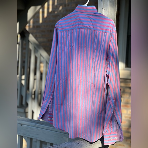 Bugatchi Shaped Fit Button-Down Shirt Large Pink Blue Striped - Picture 4 of 4